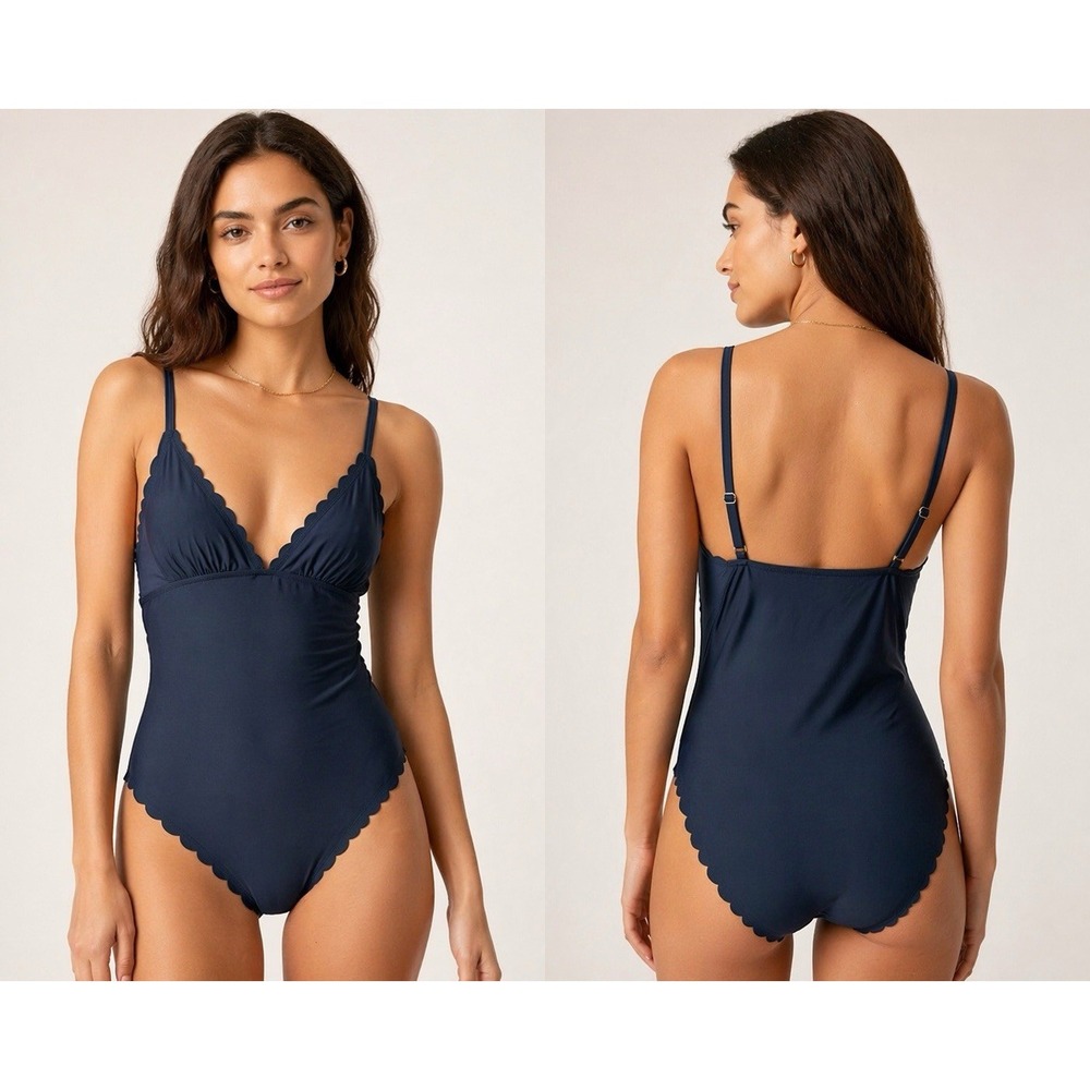 J. Crew XL Navy One Piece Swimsuit Scalloped Trim Adjustable Straps